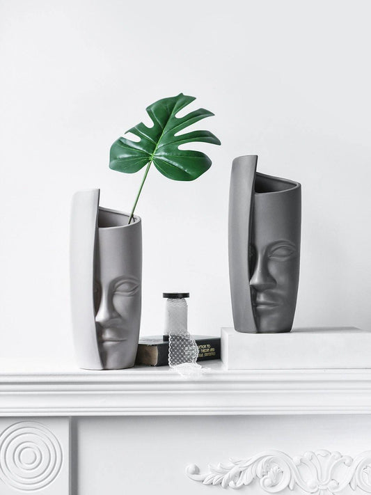 Sculpted Half Face Ceramic Vase, White or Gray