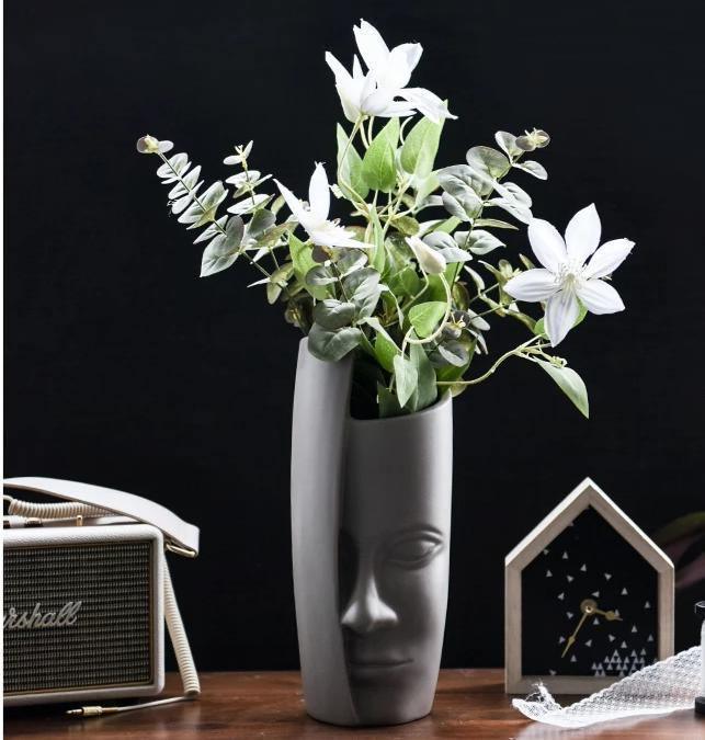 Sculpted Half Face Ceramic Vase, White or Gray, view 5