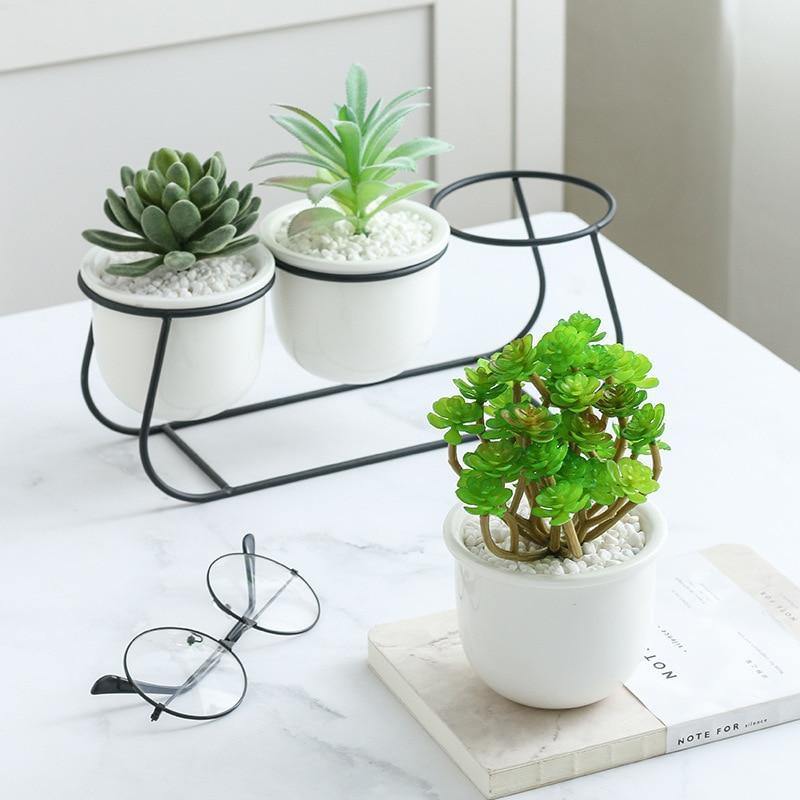 Three White Ceramic Pots on a Metal Stand, view 7