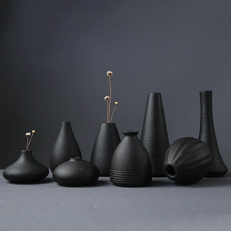 Black Textured Ceramic Vases, Eight Shapes