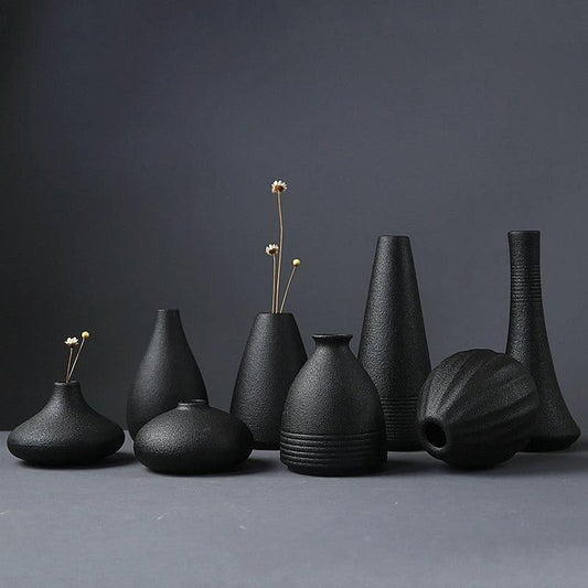 Black Textured Ceramic Vases, Eight Shapes