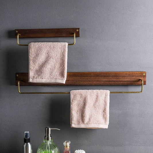 Wood and Brass Bathroom Towel Rack, Two Sizes