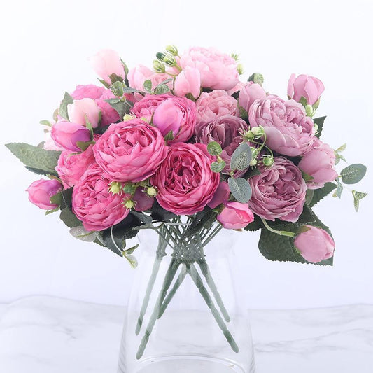 9-Stem Faux Silk Peony Set with 5 Blooms and 4 Buds
