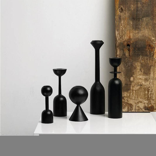 Black Wood Taper Candle Holders, Five Shapes, view 2