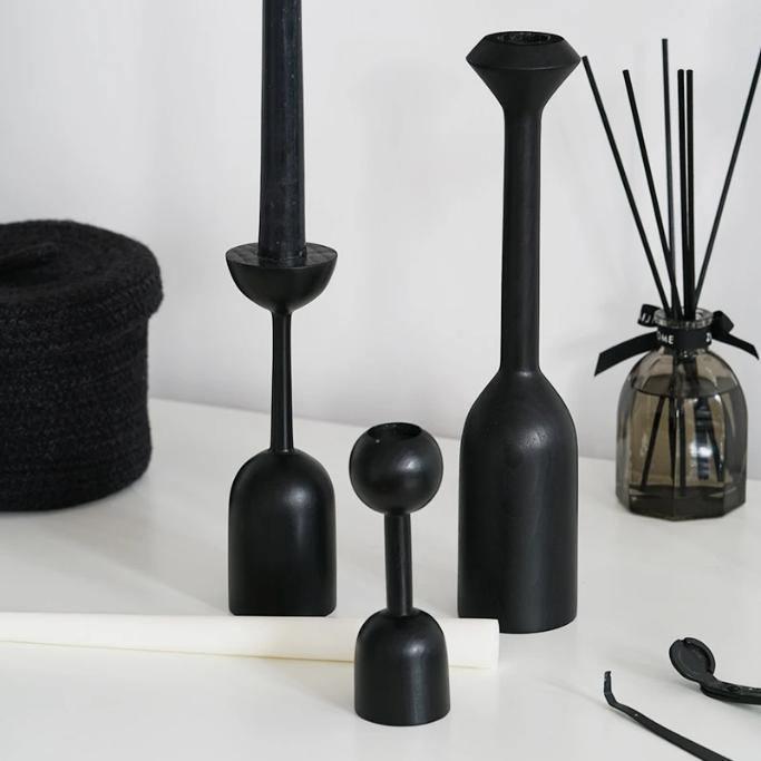 Black Wood Taper Candle Holders, Five Shapes, view 5