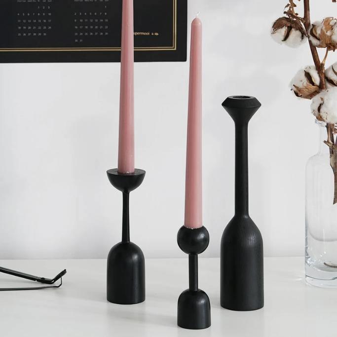 Black Wood Taper Candle Holders, Five Shapes