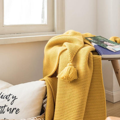 Knitted Throw Blanket with Corner Tassels, view 4