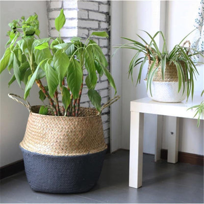 Round Rattan Basket with Handles for Plants or Storage, view 12