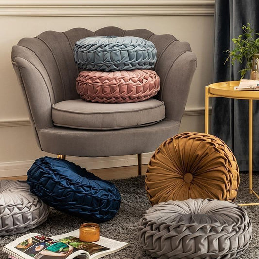 Round Velvet Ruffle Cushion with a Center Button