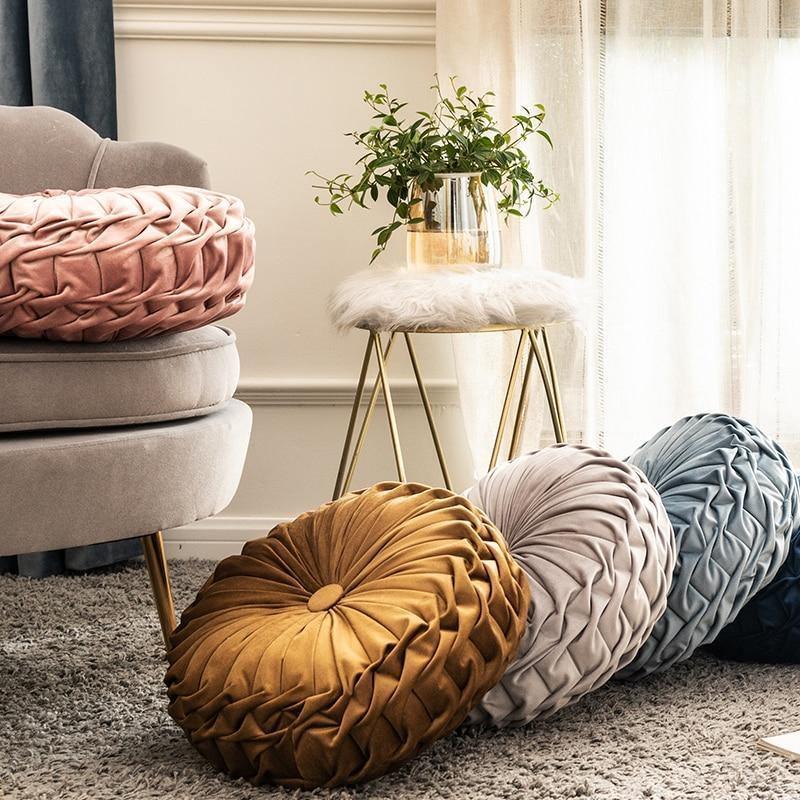 Round Velvet Ruffle Cushion with a Center Button, view 3