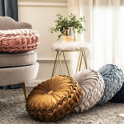Round Velvet Ruffle Cushion with a Center Button, view 3