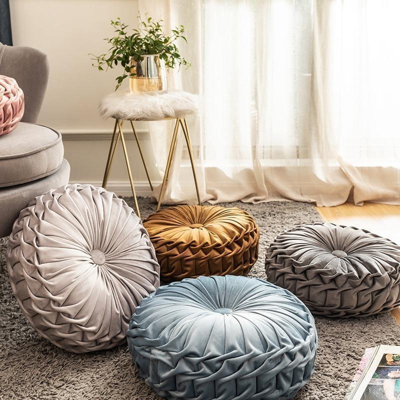 Round Velvet Ruffle Cushion with a Center Button, view 5