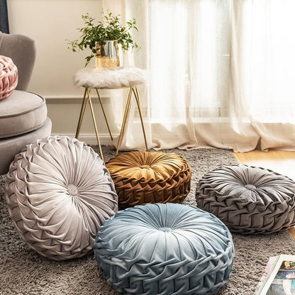 Round Velvet Ruffle Cushion with a Center Button, view 5