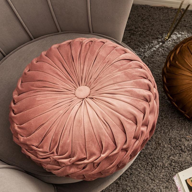 Round Velvet Ruffle Cushion with a Center Button, view 6