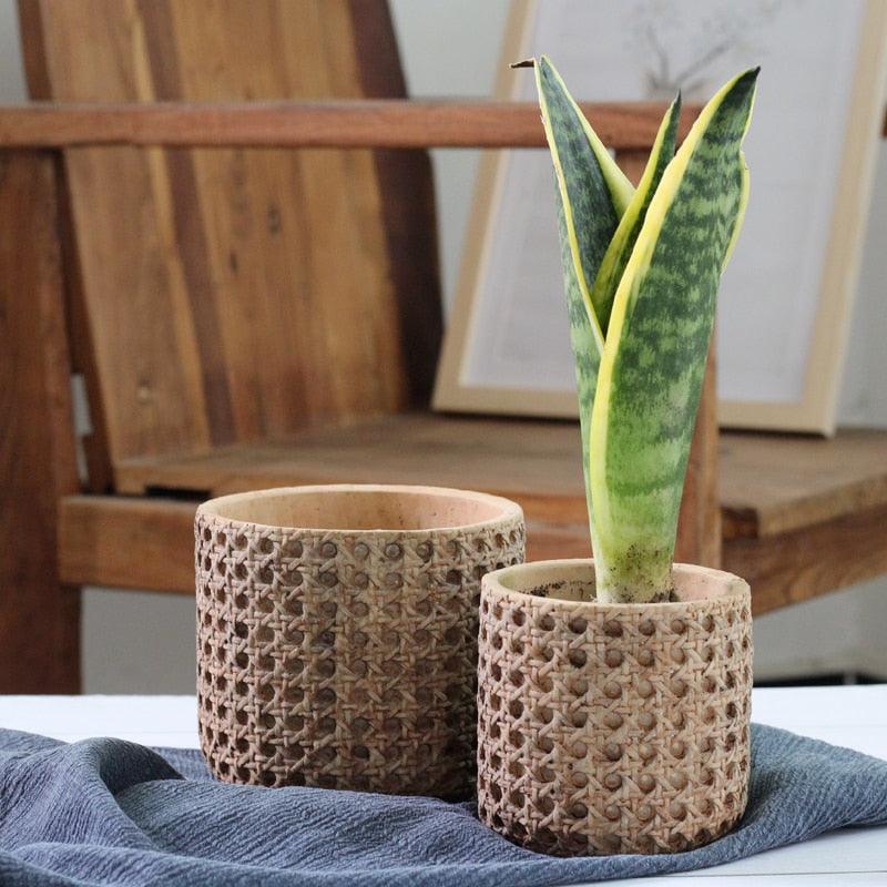 Concrete Planter with Woven Rattan Texture, Three Sizes, view 3