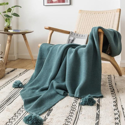 Knitted Throw Blanket with Corner Tassels, view 9