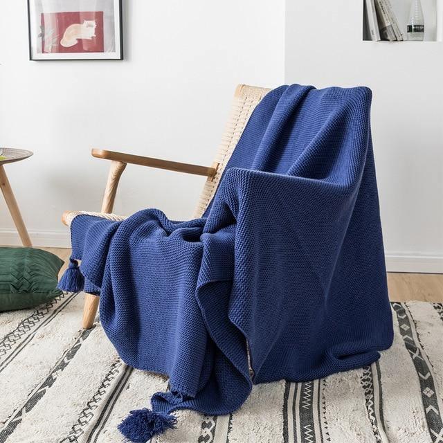 Knitted Throw Blanket with Corner Tassels, view 7