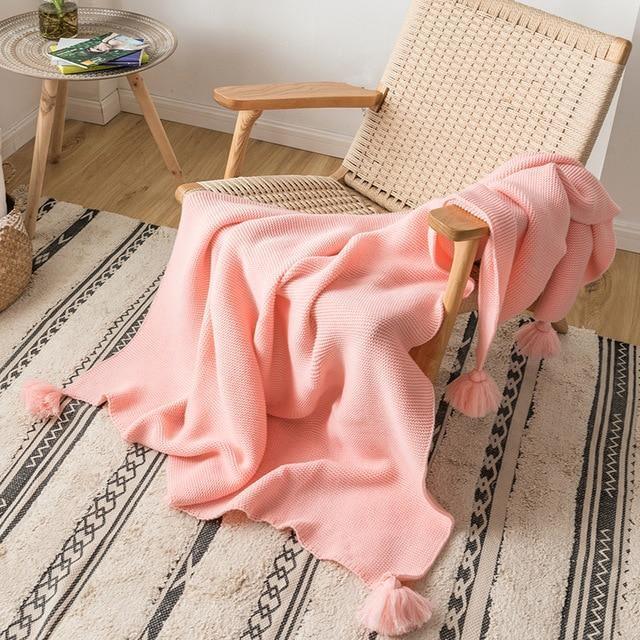 Knitted Throw Blanket with Corner Tassels, view 10