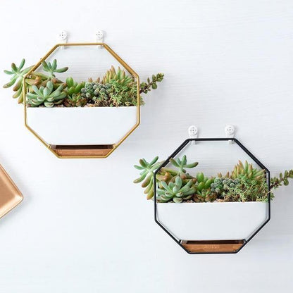 Ceramic Wall Planter with Iron Frame and Bamboo Tray