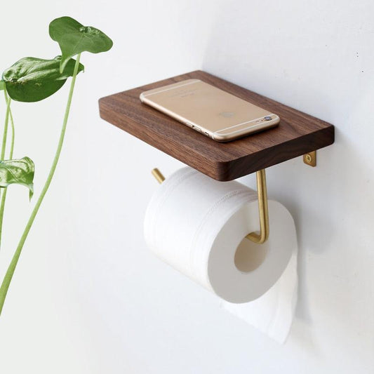 Wooden Toilet Paper Holder with Shelf and Brass Hook