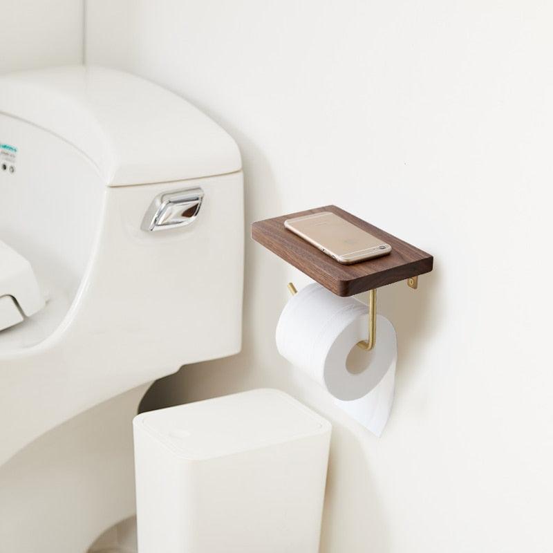 Wooden Toilet Paper Holder with Shelf and Brass Hook, view 6