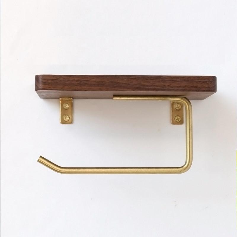 Wooden Toilet Paper Holder with Shelf and Brass Hook, view 4