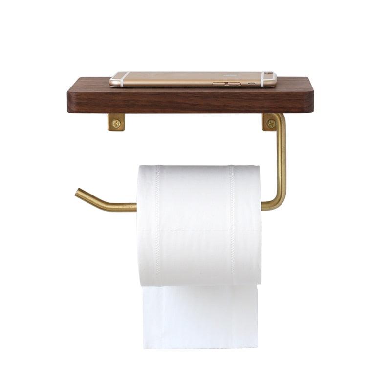 Wooden Toilet Paper Holder with Shelf and Brass Hook, view 5