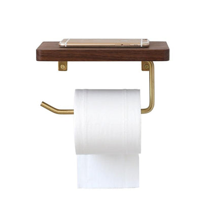 Wooden Toilet Paper Holder with Shelf and Brass Hook, view 5