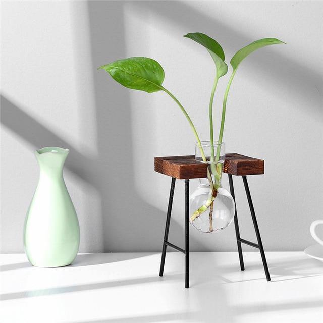 Glass Propagation Bulbs on a Wood and Metal Stand, view 3