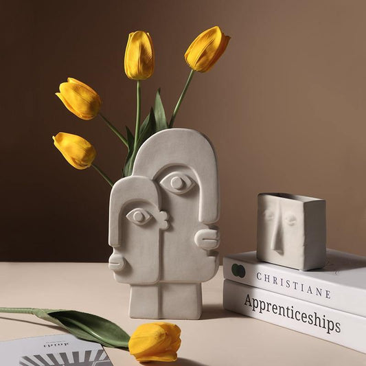 Abstract Face Ceramic Vase in Pale Gray, Five Styles