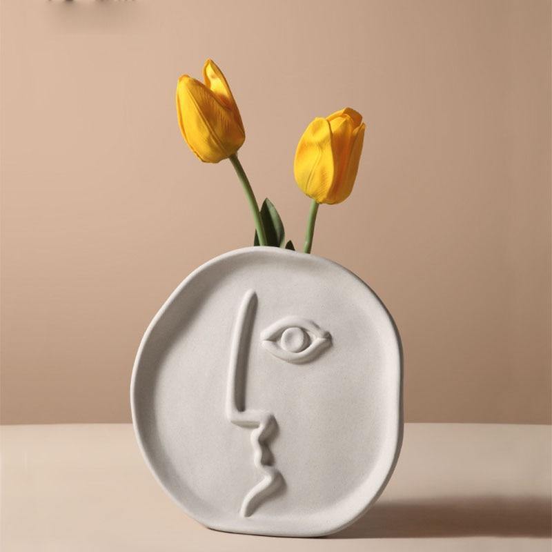 Abstract Face Ceramic Vase in Pale Gray, Five Styles, view 3