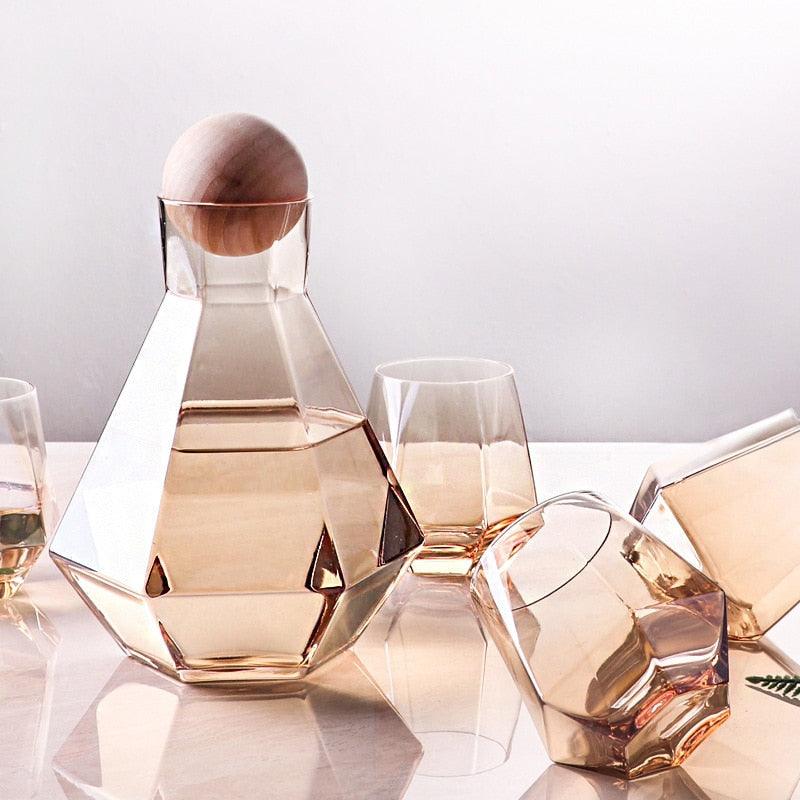 Faceted Glass Carafe and Tumblers in Amber, Smoke, Clear