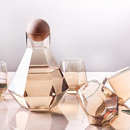 Faceted Glass Carafe and Tumblers in Amber, Smoke, Clear