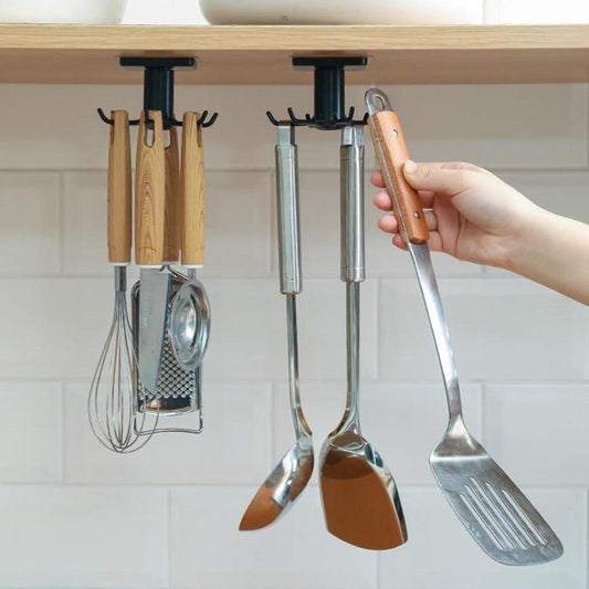 Rotating Under-Cabinet Utensil Rack with 6 Hooks