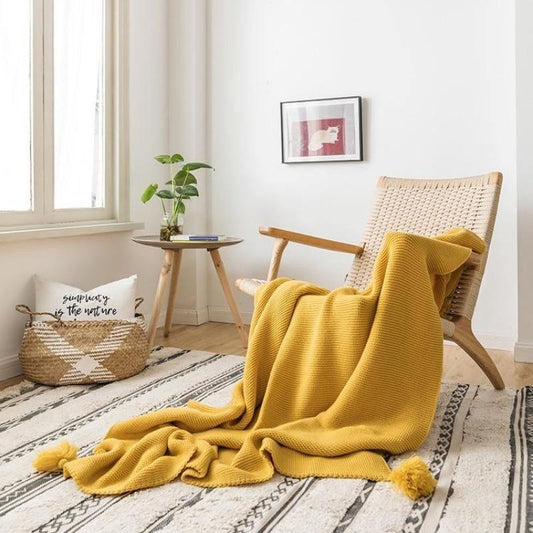 Knitted Throw Blanket with Corner Tassels, view 2