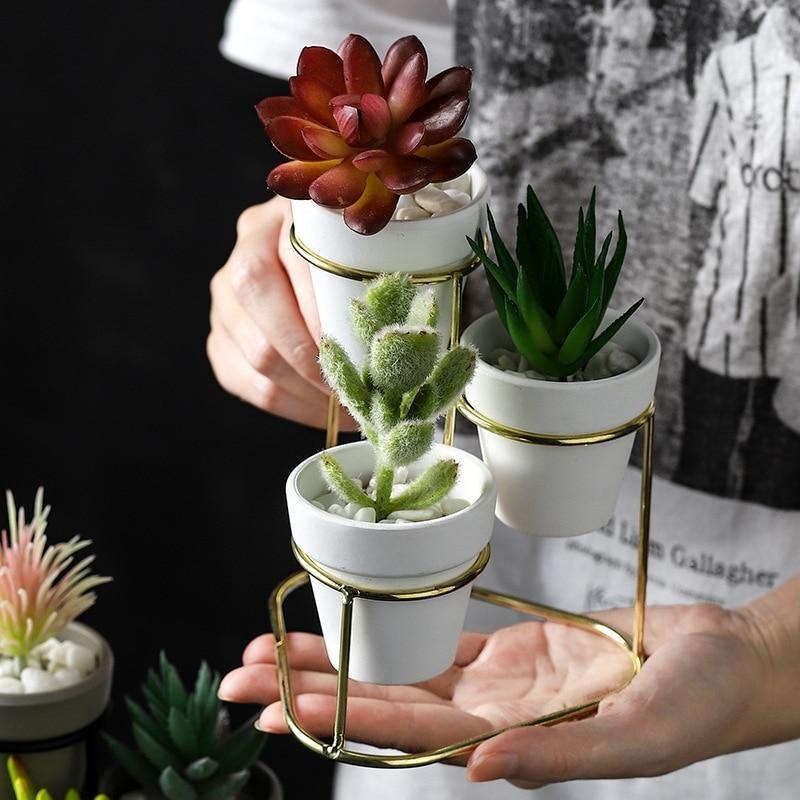 Three Small Ceramic Planters on an Iron Stand, view 2