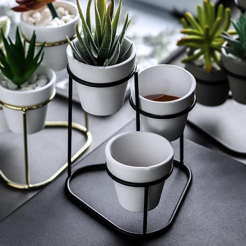 Three Small Ceramic Planters on an Iron Stand, view 3