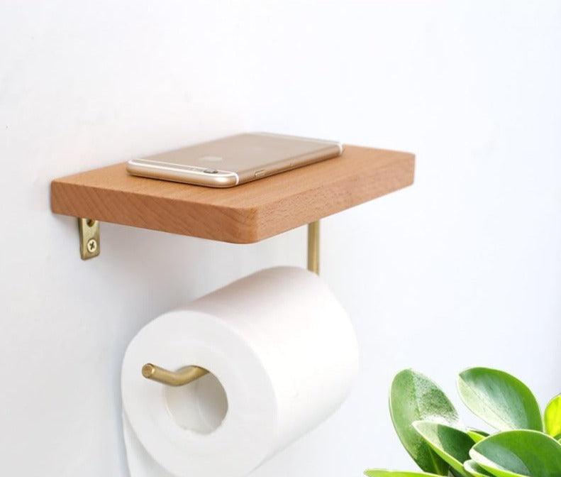 Wooden Toilet Paper Holder with Shelf and Brass Hook, view 2