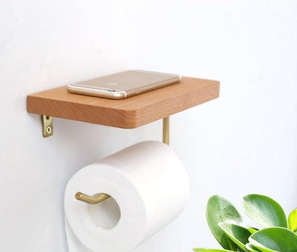 Wooden Toilet Paper Holder with Shelf and Brass Hook, view 2