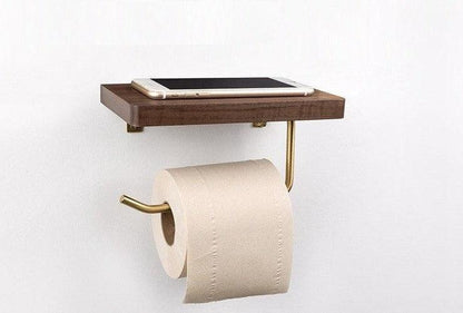 Wooden Toilet Paper Holder with Shelf and Brass Hook, view 9