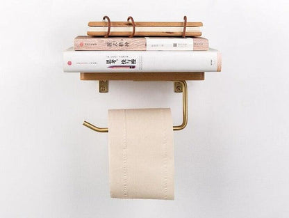 Wooden Toilet Paper Holder with Shelf and Brass Hook, view 13