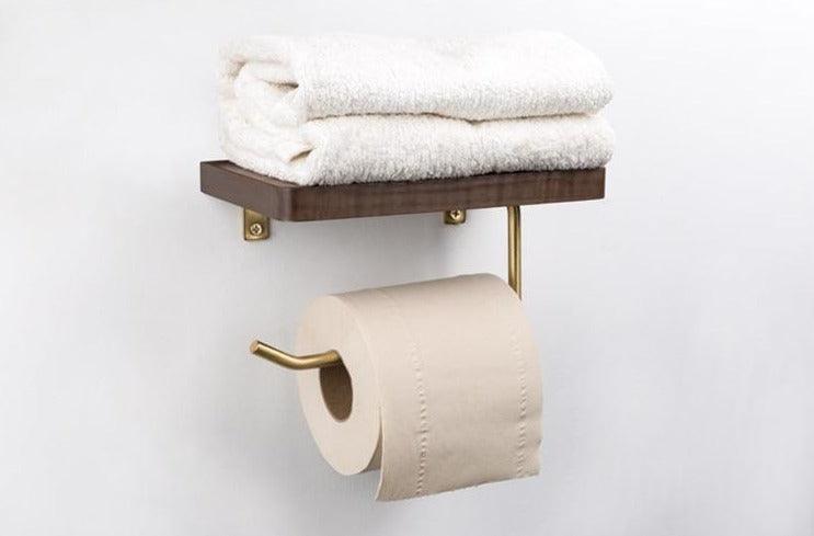 Wooden Toilet Paper Holder with Shelf and Brass Hook, view 7