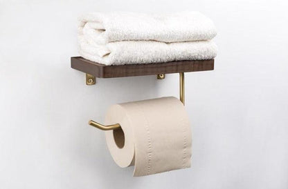 Wooden Toilet Paper Holder with Shelf and Brass Hook, view 7