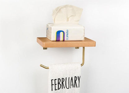 Wooden Toilet Paper Holder with Shelf and Brass Hook, view 8