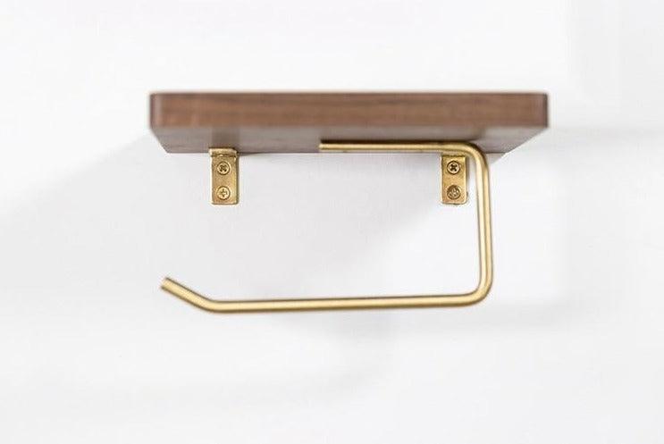 Wooden Toilet Paper Holder with Shelf and Brass Hook, view 3