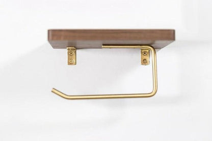 Wooden Toilet Paper Holder with Shelf and Brass Hook, view 3
