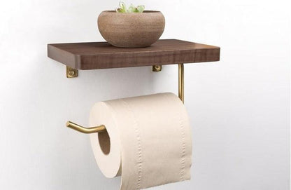 Wooden Toilet Paper Holder with Shelf and Brass Hook, view 14