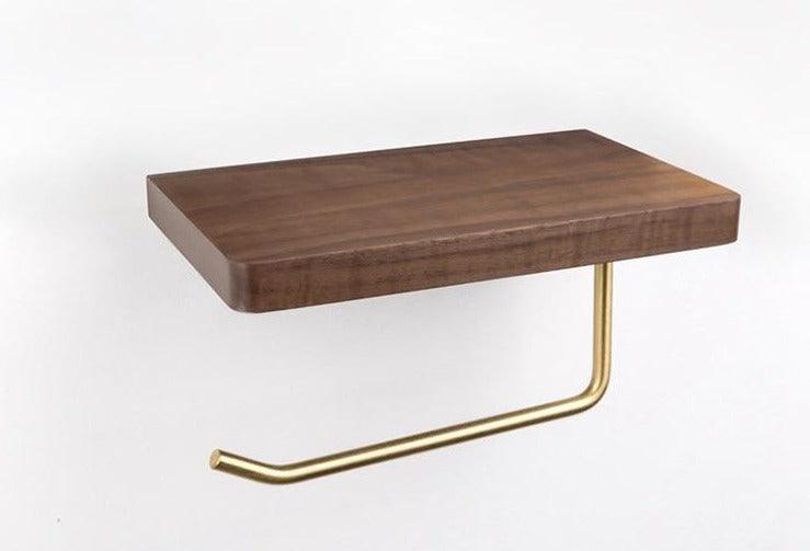 Wooden Toilet Paper Holder with Shelf and Brass Hook, view 15