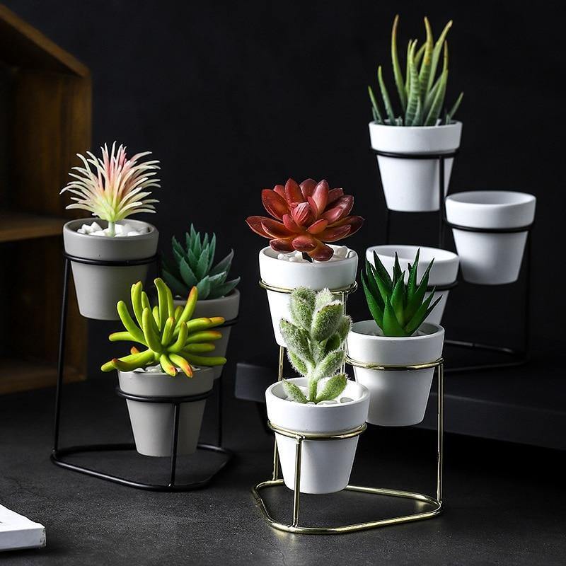 Three Small Ceramic Planters on an Iron Stand