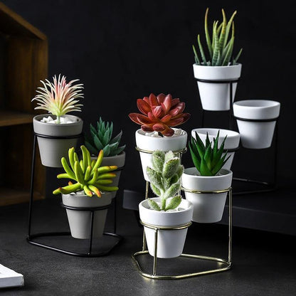 Three Small Ceramic Planters on an Iron Stand